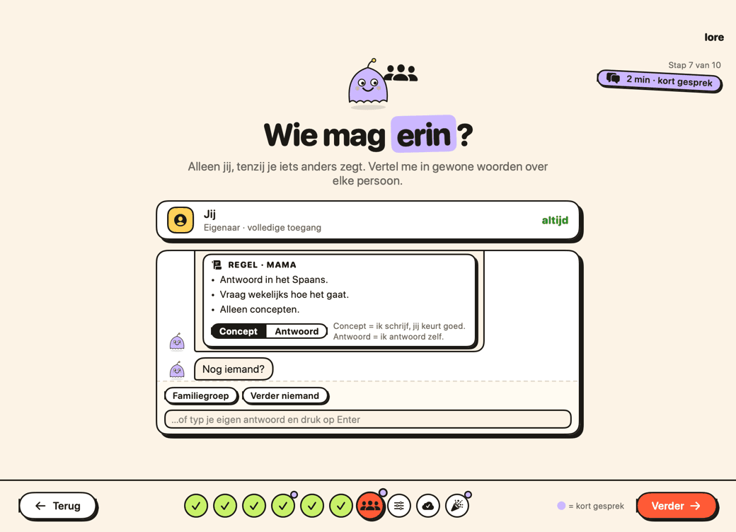 De contactenstap van Lore: een regel voor Mama met een keuze tussen Concept en Antwoord.