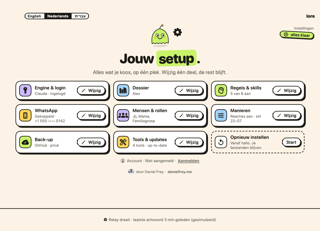 De pagina Instellingen van Lore: engine, dossier, regels, WhatsApp, contacten, manieren, back-up en programma's, elk met een knop Wijzig.