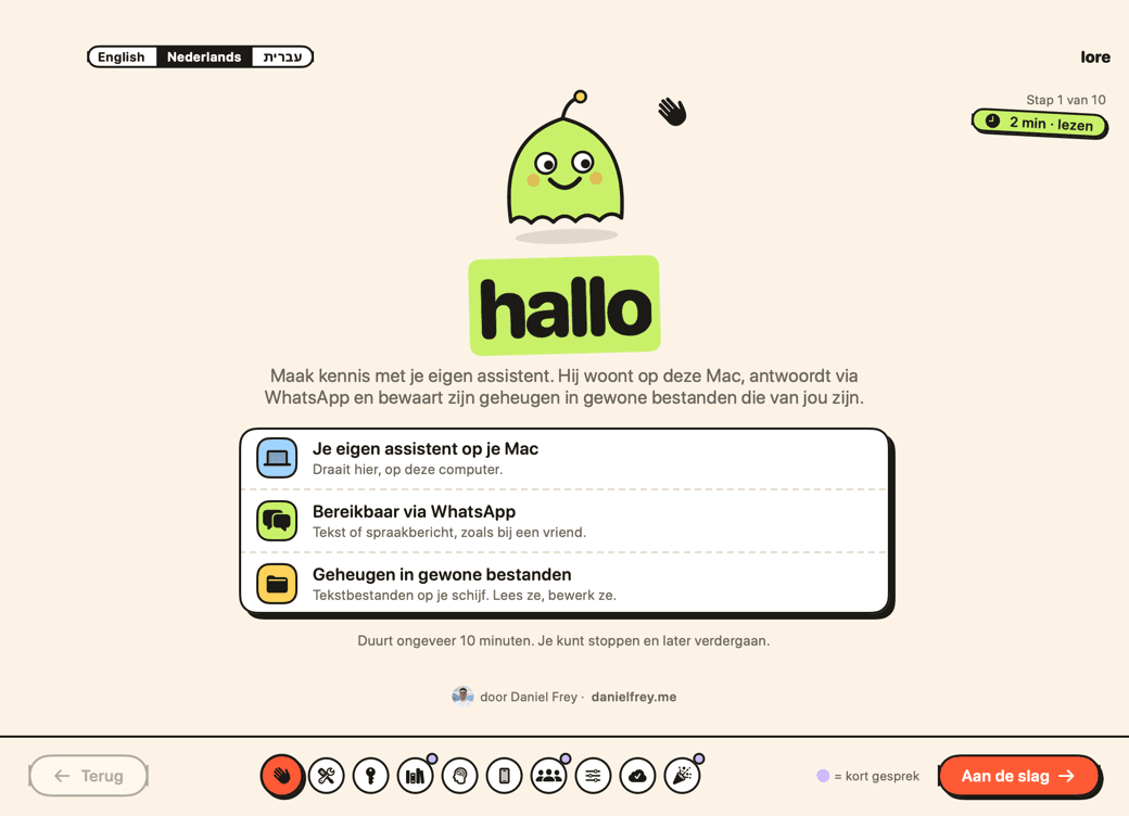 Het eerste scherm van Lore: hello. Je eigen assistent op je Mac, bereikbaar via WhatsApp, geheugen in gewone bestanden.