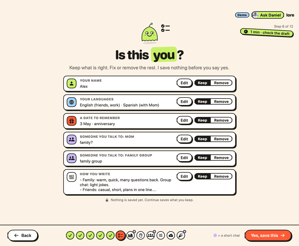 Lore's Is this you? screen: your name, languages, a date and a person, each with Edit, Keep and Remove.