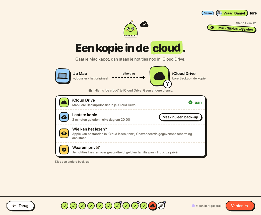 De back-upstap van Lore: iCloud Drive, GitHub of Overslaan.