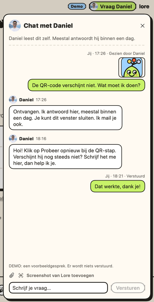 De chat met Daniel in Lore.