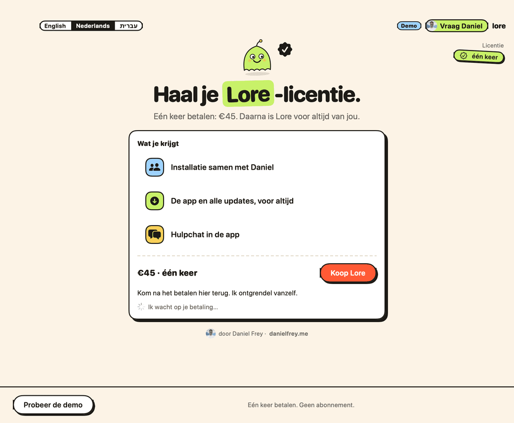 Het licentiescherm van Lore: eenmalig €45 en een knop Koop Lore.
