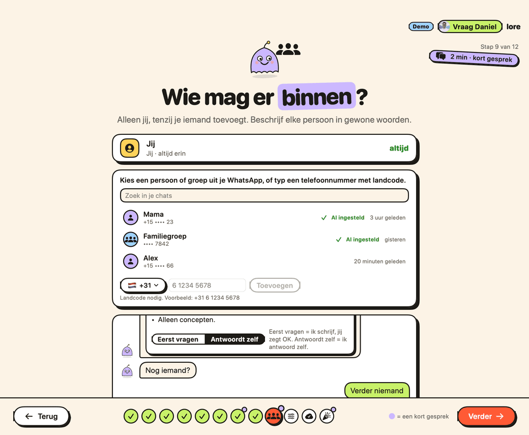 De stap Wie mag erin van Lore: jij, altijd erin, en je chats om uit te kiezen.
