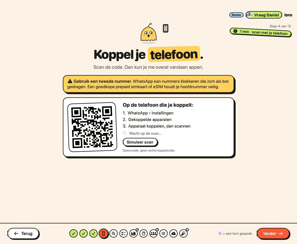 De telefoonstap van Lore: een code om te scannen met WhatsApp.