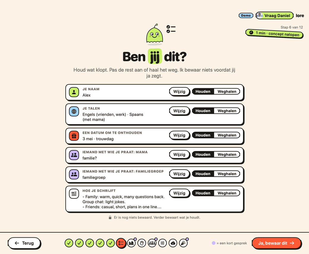 Het scherm Ben jij dit? van Lore: elke regel met Wijzig, Houden en Weghalen.