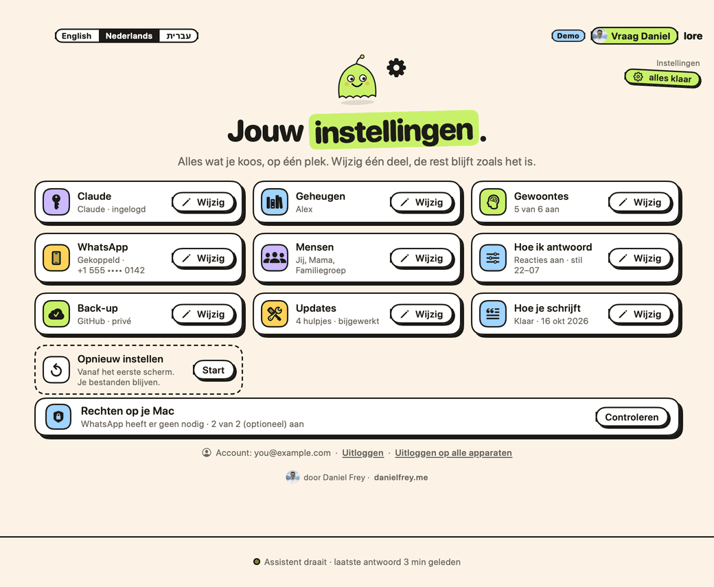 De pagina Instellingen van Lore, elk deel met een knop Wijzig.