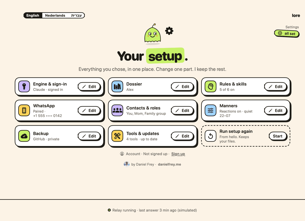 Lore's Settings page: engine, dossier, rules, WhatsApp, contacts, manners, backup and tools, each with an Edit button.