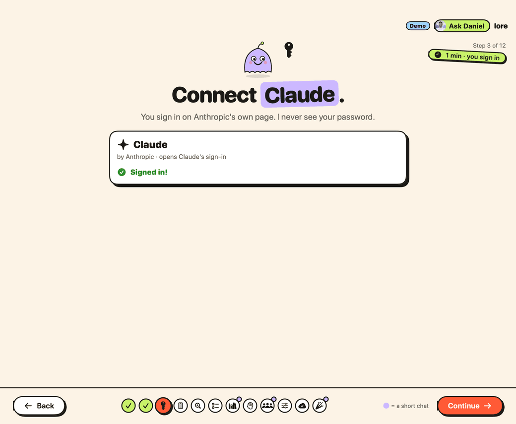 Lore's Claude step: signed in.