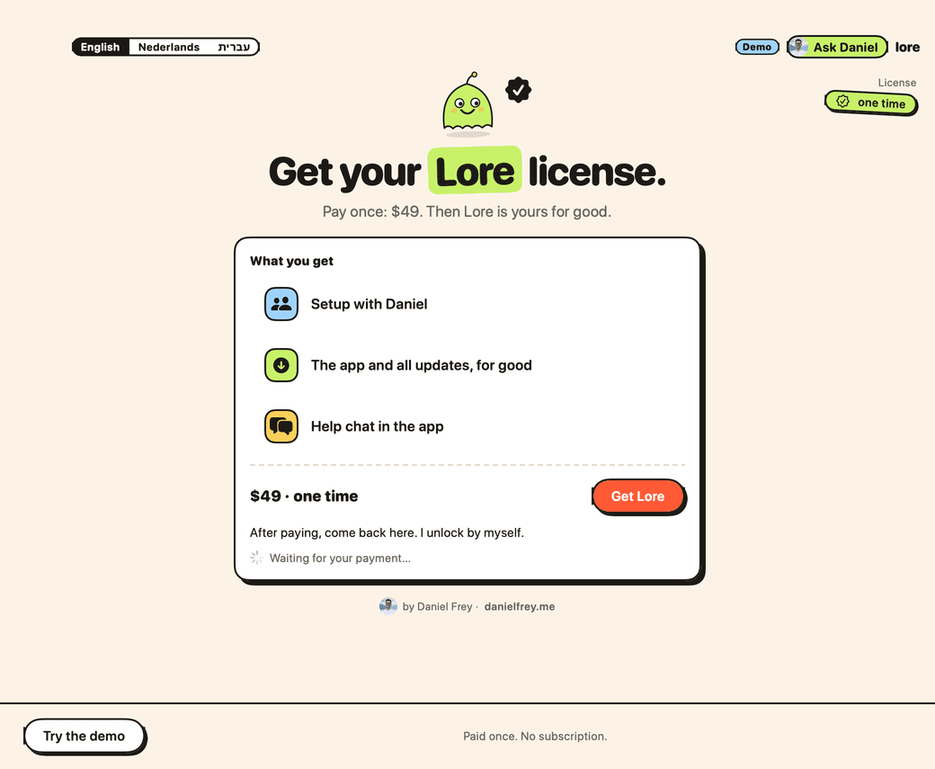 Lore's license screen: $49 once and a Get Lore button.