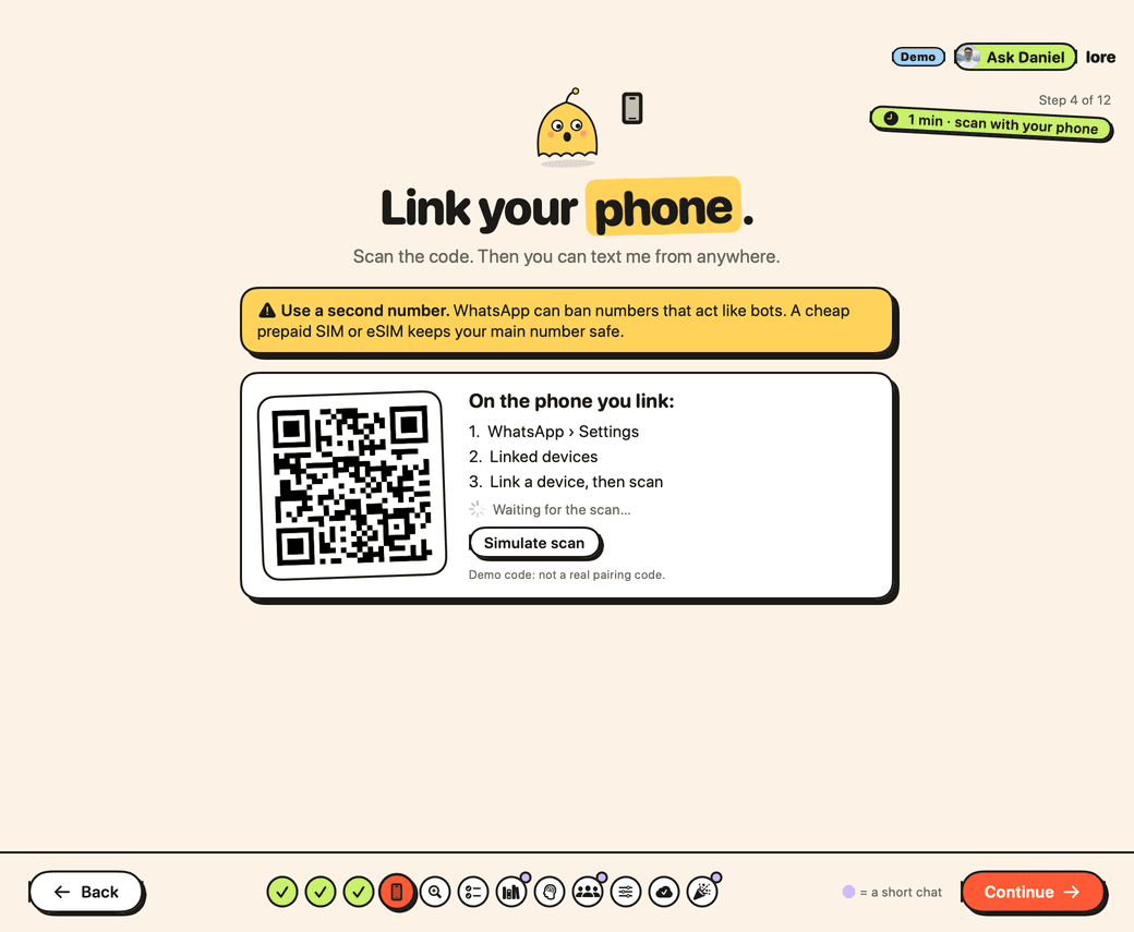 Lore's phone step: a code to scan with WhatsApp.