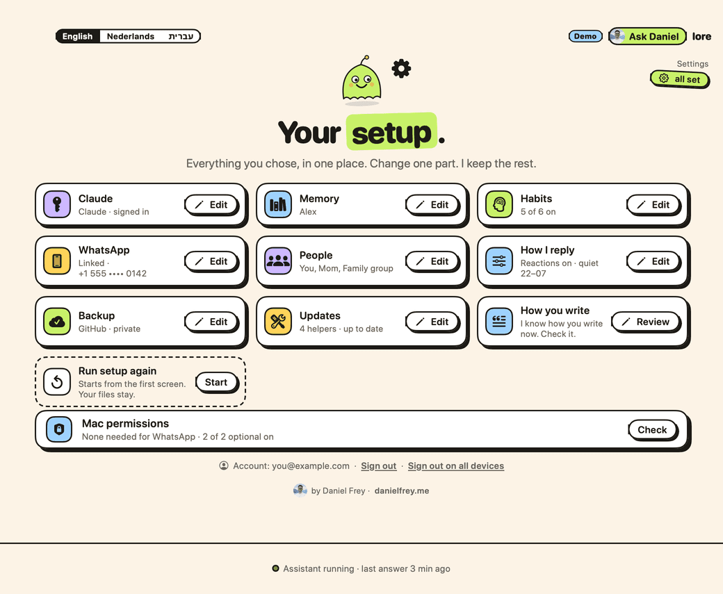 Lore's Settings page, each part with an Edit button.