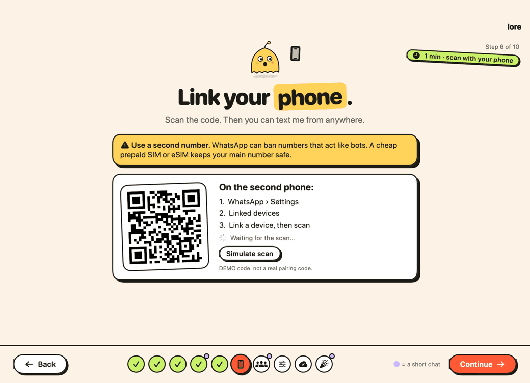 Lore's phone step: a warning to use a second number, and a QR code to link WhatsApp.
